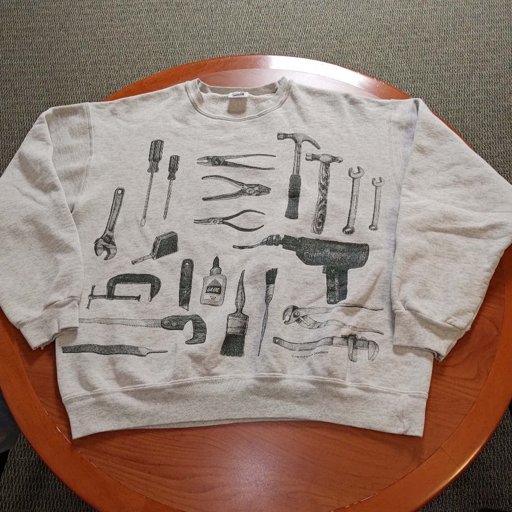 Vtg 90s Rel•e•vant Tag Products Tool Full Print Big Logo Sweatshirt Pullover XL